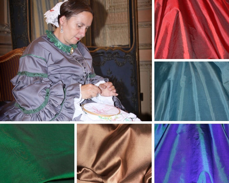 May include: A collage of fabric swatches in various colors, including red, teal, green, brown, and purple. The fabric has a silky sheen and a smooth texture.