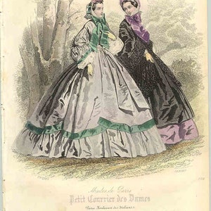 May include: Two women in 19th-century fashion stand in a wooded area. The woman on the left wears a light purple dress with a green sash and a white bonnet. The woman on the right wears a black dress with a purple sash and a black bonnet. The image is from a fashion magazine called "Petit Courrier des Dames".