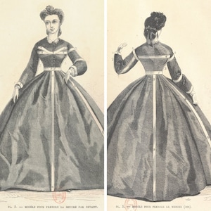 May include: A black and white illustration of a woman wearing a dress with a long skirt. The dress is marked with numbers to show where to take measurements for sewing.
