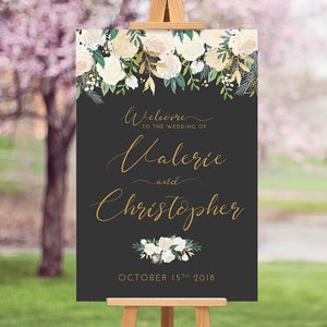 Poster di benvenuto per matrimonio floreale in oro, cartello di benvenuto alla lavagna, segnaletica di benvenuto per cena di prova, vintage floreale in oro - stampa DIGITALE PERSONALIZZATA