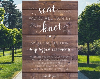 Faux Wood Choose a Seat Not a Side Unplugged Ceremony Sign, Rustic Wooden Wedding Welcome Sign, Pick a Seat Not a Side, INSTANT DOWNLOAD