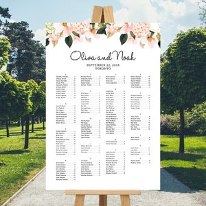 May include: A wedding seating chart with a floral design at the top. The chart lists the names of guests and their table assignments. The text at the top reads "Oliva and Noah, September 22, 2018, Toronto."