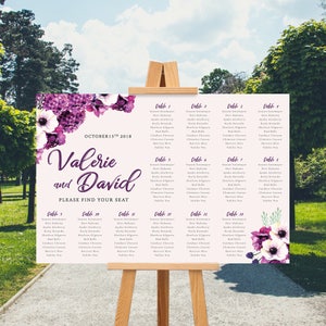 Wedding Seating Chart Sign, Floral Wedding Seat Chart, Guest List Seat Chart, Hydrangea Flowers, Purple Theme - CUSTOM DIGITAL Printable