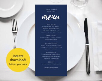 Editable Navy Wedding Menu Card Template, Modern Wedding Menu, Printable Menu, Navy Blue Dinner Menu, Custom Menu INSTANT DOWNLOAD, 4x9