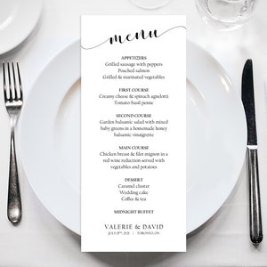 Minimalistisches Menü, Hochzeitsmenüvorlage, Brautpartymenü, Elegantes Menüschild druckbar, Bankett-Catering-Menü, Schwarzweiß-Kalligraphie