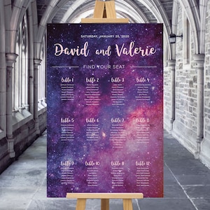 Wedding Seating Chart Sign, Wedding Seating Poster, Guest List Seat Chart, Purple and Pink Galaxy Sign, Starry Night Sky, Custom Printable