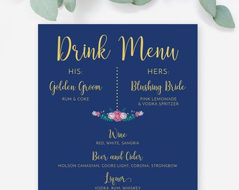 Menú de bebidas, letrero de bar de bodas, letrero de menú de bar, letrero de bebidas exclusivo, letrero de boda para él y para ella, azul marino y dorado floral DIGITAL IMPRIMIBLE