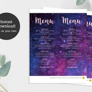 Galaxie Menü, Hochzeit Menü Vorlage, Brautparty Menü, Sternennacht Menü Zeichen Printable, Bankett Gastronomie Menü, Lila und Rosa