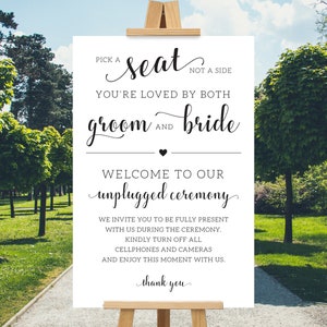 Elija un asiento, no un lado, signo de ceremonia desconectado, signo de bienvenida de boda, elija un asiento, no un lado, amado tanto por el novio como por la novia