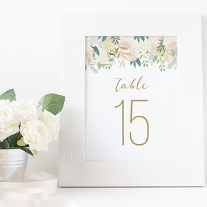 Números de mesa florais em ouro marfim, números de mesa de casamento, números de mesa para impressão, modelo de números de mesa, download instantâneo 4x6 e 5x7