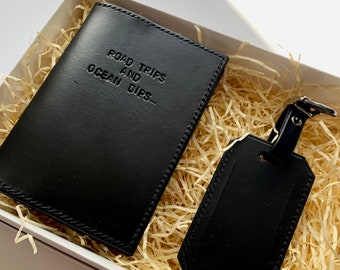 Black Leather Handmade Leather passport cover and luggage tag gift set