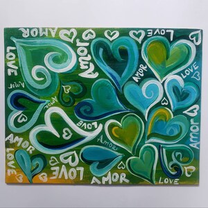 Love, amor, original love art, amor painting, heart art, boho heart art, green heart art, blue heart art, amor art decor, I love you art