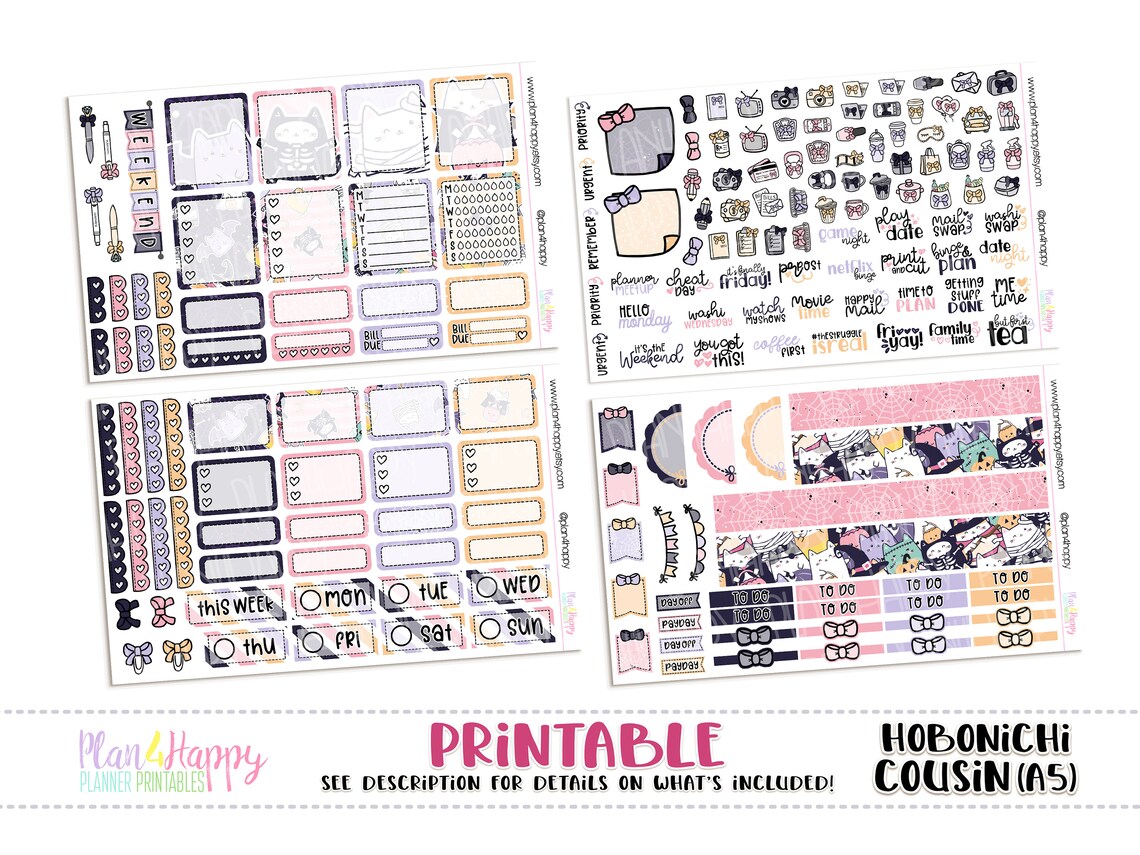Hobonichi Cousin (A5) Weekly Kit, Cute Halloween Cats Weekly Kit ...