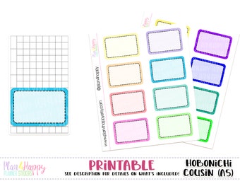 May include: Printable planner stickers for the Hobonichi Cousin (A5) size planner. The stickers are rectangular and have a variety of pastel colors with a white background. The stickers have a dashed black outline and a solid colored border.