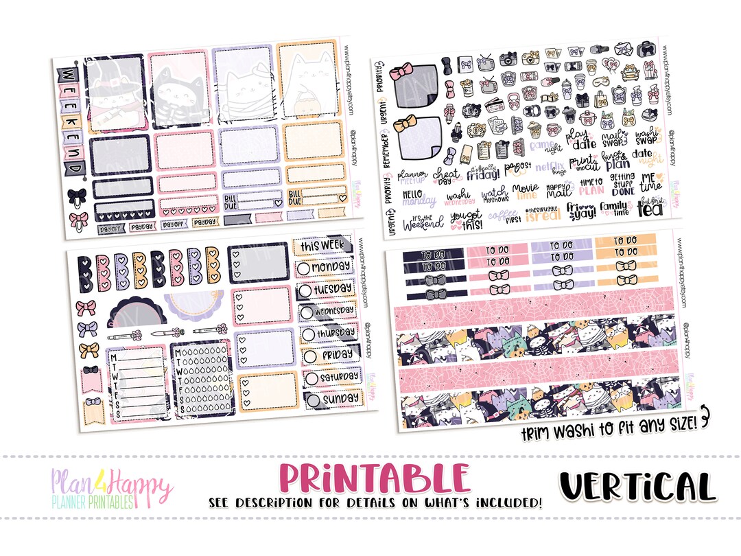 Printable Weekly Kit, Vertical Planner Weekly Kit, Cute Halloween Cats ...