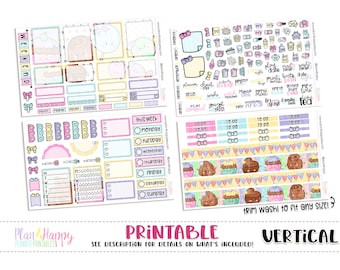 May include: Printable planner stickers with a vertical layout. The stickers feature pastel colors, cupcakes, bows, and various icons. Text includes "Weekend", "This Week", and "To Do". The design is intended for use in a planner or journal.