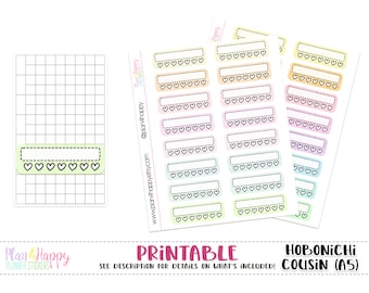 May include: Printable planner stickers with a heart border in pastel colors. The stickers are designed for the Hobonichi Cousin A5 planner. The text "PRINTABLE" and "HOBONICHI COUSIN (A5)" is included in the image.