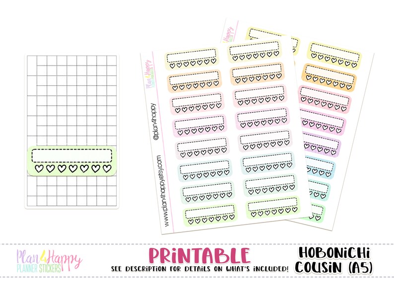 May include: Printable planner stickers with a heart border in pastel colors. The stickers are designed for the Hobonichi Cousin A5 planner. The text "PRINTABLE" and "HOBONICHI COUSIN (A5)" is included in the image.