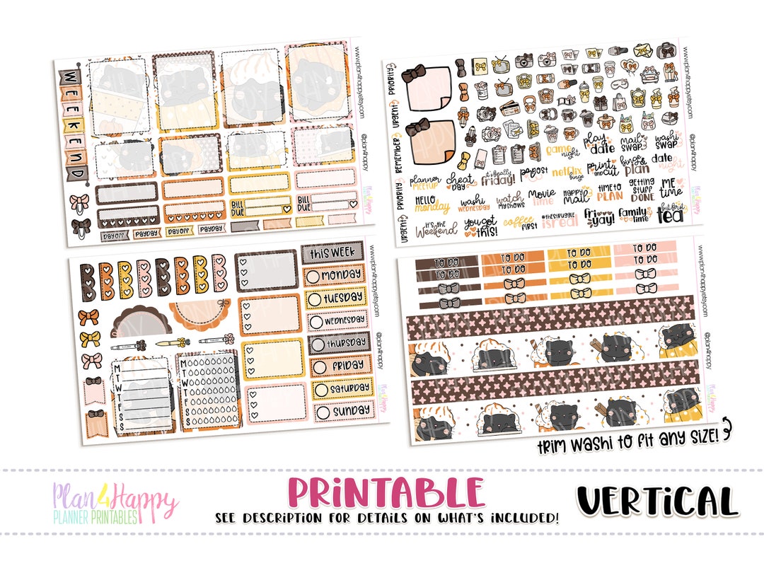Printable Weekly Kit, Vertical Planner Weekly Kit, Pumpkin Spice Cats ...