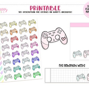 Puede incluir: Pegatinas imprimibles para planificador con diseños de mandos de juego coloridos. Las pegatinas incluyen mandos en amarillo, naranja, rojo, rosa, morado, azul y verde. La imagen también incluye el texto "PRINTABLE" y "SHEETS FIT MICRO HP NOTES".