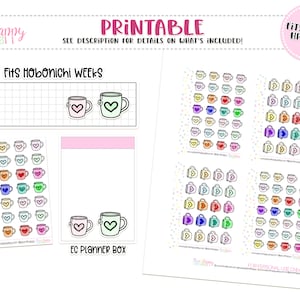 Könnte beinhalten: Druckbare Planer-Aufkleber mit bunten Tassen und Herzmotiven. Das Bild enthält Aufkleber für Hobonichi Weeks, EC Planner Box und Micro HP Notes. Der Text auf dem Bild lautet "Printable" und "Weitere Details finden Sie in der Beschreibung!"
