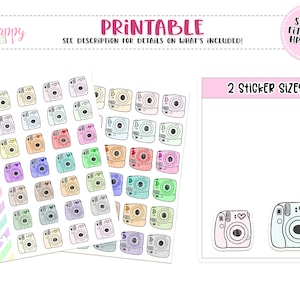 May include: Printable sticker sheets featuring 36 colorful camera illustrations in various sizes. The sheets are designed to fit micro HP notes. The image also shows two example stickers, one larger and one smaller.