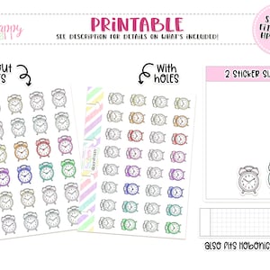 May include: Printable planner stickers with alarm clock designs in multiple colours. The image shows sheets with and without holes, two sticker sizes, and text stating "Sheets fit Micro HP Notes" and "Also fits Hobonichi Weeks."