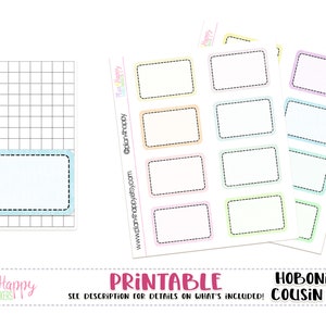 May include: Printable planner stickers featuring rectangular labels with dashed borders in various pastel colors. The text "PRINTABLE" and "HOBONICHI COUSIN (A5)" are also visible. The stickers are designed for planning and organization.