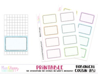 May include: Printable planner stickers featuring rectangular labels with dashed borders in various pastel colors. The text "PRINTABLE" and "HOBONICHI COUSIN (A5)" are also visible. The stickers are designed for planning and organization.