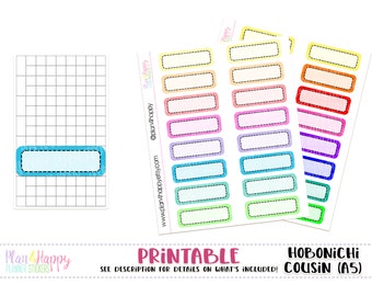 May include: Printable planner stickers for the Hobonichi Cousin (A5) size planner. The stickers are rectangular and feature a variety of colors and patterns. The stickers are designed to be used for labeling and organizing.