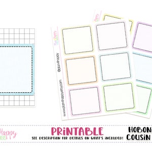 May include: Printable planner stickers featuring square shapes with dashed borders in various pastel colors. The stickers are designed for a Hobonichi Cousin (A5) planner. The text "Plan & Happy Planner Stickers" is also visible.