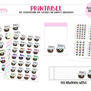 May include: Printable planner stickers featuring coffee pot designs with heart accents. The stickers come in various colors and are designed to fit Micro HP Notes and Hobonichi Weeks planners. The image includes text that says "Plan 4 Happy Planner Printables" and "Printable".