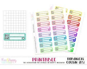May include: Printable bill due planner stickers in various colors. Each sticker has a space for details and a heart. The stickers are designed for Hobonichi Cousin (A5) planners. The text "BILL DUE" is printed on each sticker.