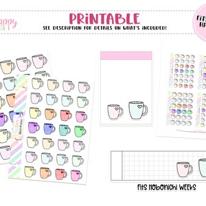 Pode incluir: Autocolantes de planner imprimíveis com canecas de café coloridas com detalhes de coração. Os autocolantes são projetados para caber em notas micro HP e semanas Hobonichi. A imagem inclui o texto "Plan 4 Happy Planner Printables" e "Printable".