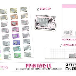 May include: A sheet of planner stickers featuring microwave illustrations in various colors, including pink, purple, and green. The stickers have a heart design and the text "Happy Plans". Additional elements include a notepad and a grid for planning.