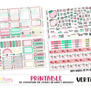 Kit semanal imprimible, kit semanal de planificador vertical, kit semanal de fresa dulce, pegatinas de planificador imprimibles, pegatinas imprimibles