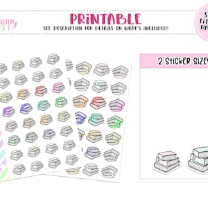 May include: Printable planner stickers featuring stacks of books in various colors. The design includes two sticker sizes and text that reads "Sheets fit Micro HP Notes". The text "Plan 4 Happy Planner Printables" is also visible.