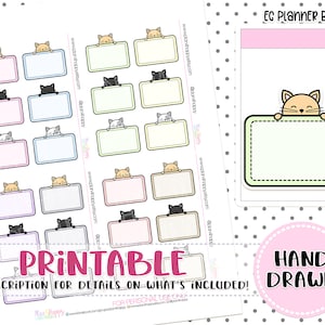 May include: Printable planner stickers featuring hand-drawn illustrations of cats peeking over rectangular boxes. The stickers are designed for use in a planner or journal. The text "EC Planner Box" and "Printable" are visible in the image.