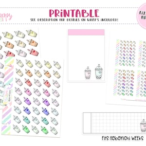 May include: Printable planner stickers featuring colorful bubble tea designs. The stickers come in various colors and are designed to fit micro HP notes and Hobonichi Weeks planners. The image includes text that says "Plan 4 Happy Planner Printables" and "Printable".