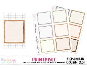 May include: Printable planner stickers with a brown, gray, and beige watercolor background. The stickers are square shaped with a black dashed border. The text "PRINTABLE" and "HOBONICHI COUSIN (A5)" is printed below the stickers.