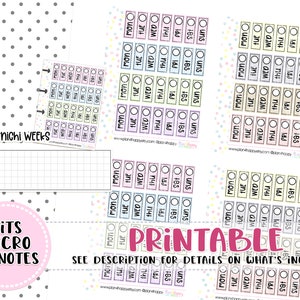 May include: Printable planner stickers in pastel colors. The stickers include daily, weekly, and monthly layouts. Text on the stickers includes days of the week and the word "Printable". The stickers are designed to fit Hobonichi Weeks and Micro HP Notes.