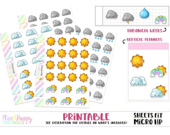 Kawaii Weather Stickers, Sheets Fit Micro Happy Notes, Printable Planner Stickers, Kawaii Stickers, Micro Sheets