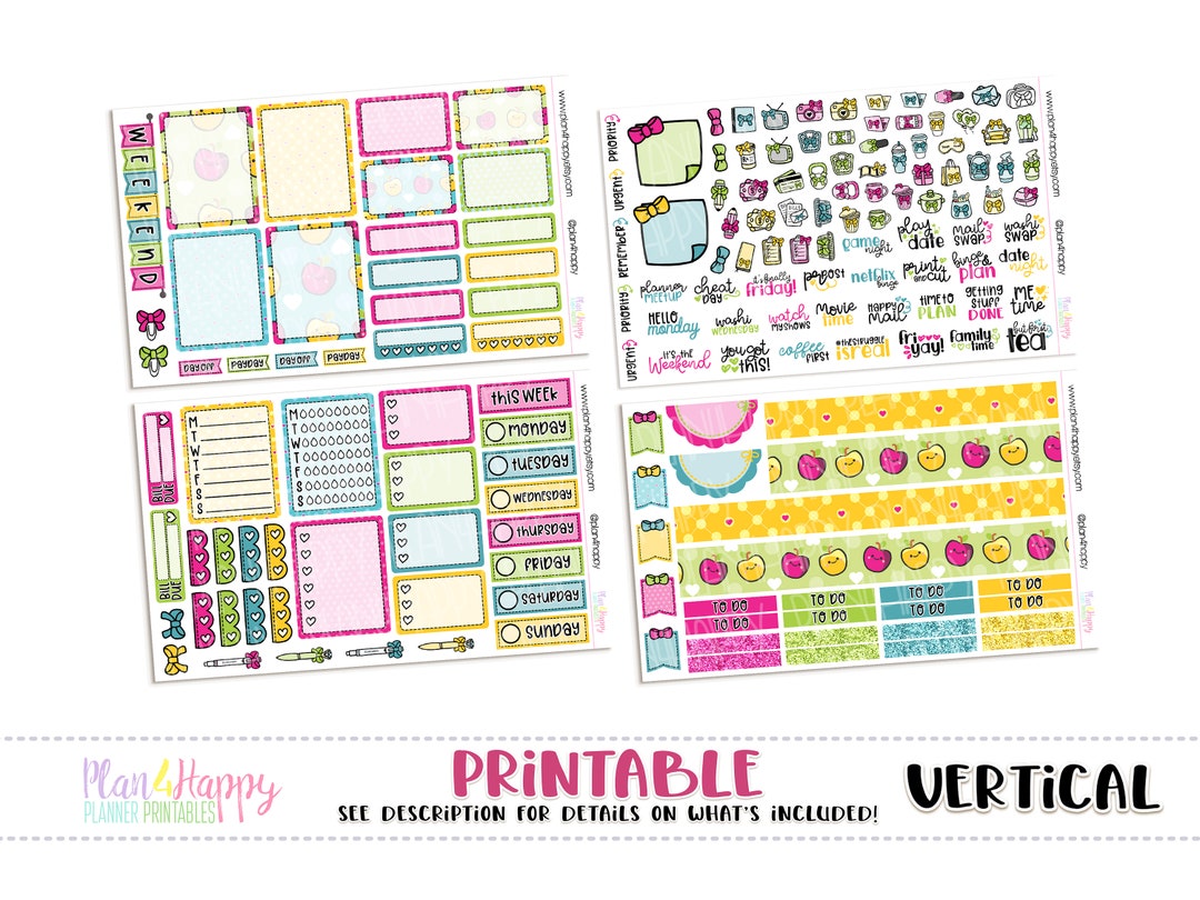 Printable Weekly Kit, Vertical Planner Weekly Kit, Kawaii Apples Weekly ...