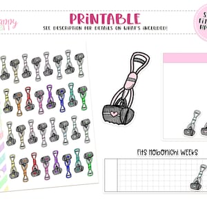 May include: Printable planner stickers featuring a variety of gym bag illustrations in multiple colors. The stickers are designed to fit micro HP notes and Hobonichi Weeks. The image includes the text "PRINTABLE" and "SEE DESCRIPTION FOR DETAILS ON WHAT'S INCLUDED!"