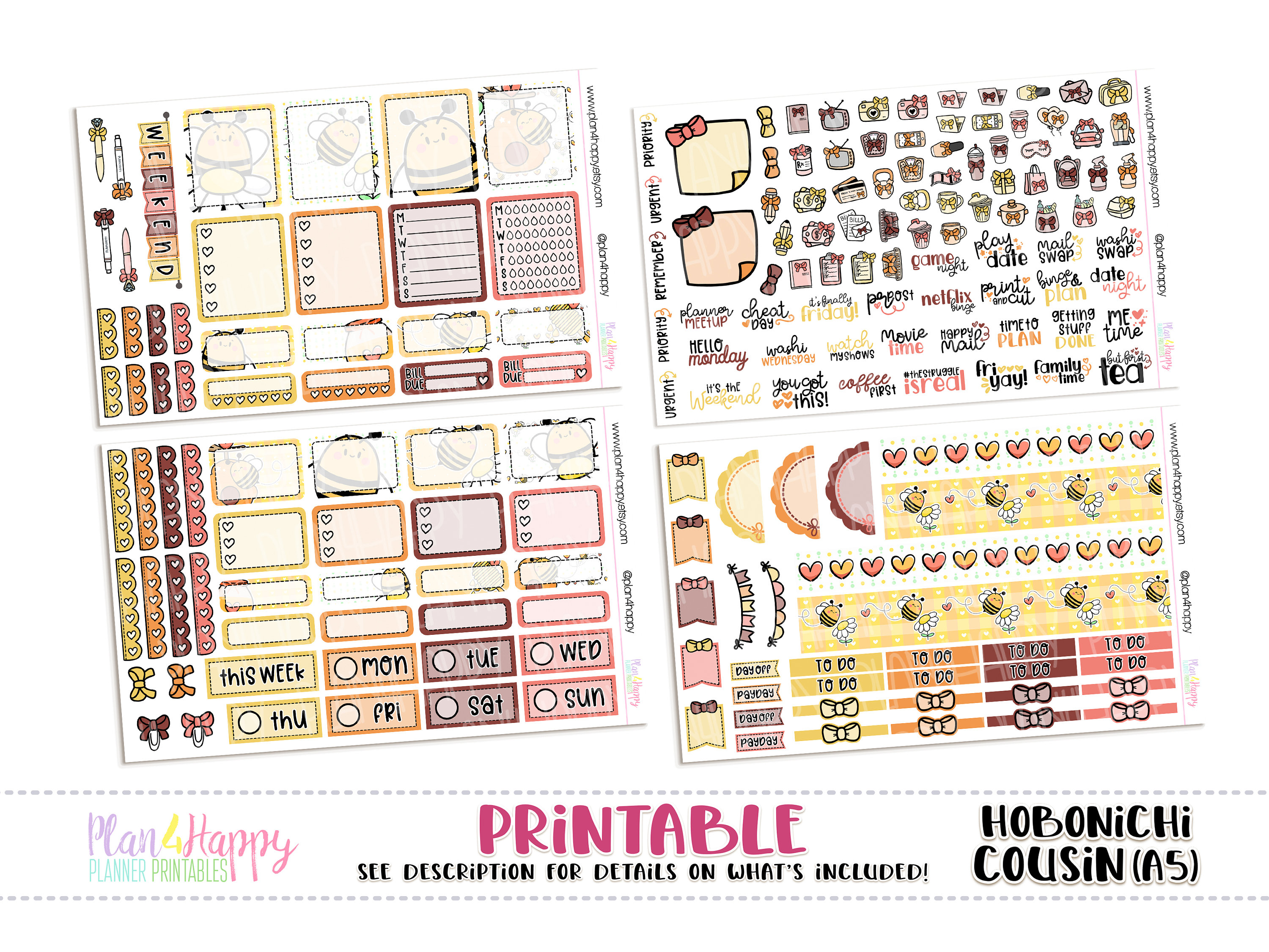 Hobonichi Cousin (A5) Weekly Kit, Honey Bees Weekly Kit, Printable ...