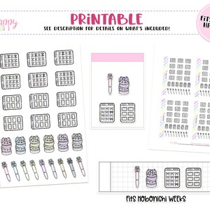 May include: Printable planner stickers featuring a variety of designs, including boxes, pens, and gift boxes. The stickers are designed to fit Micro HP Notes and Hobonichi Weeks planners.