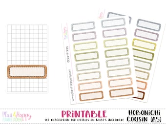 May include: Printable planner stickers for the Hobonichi Cousin (A5) size planner. The stickers are rectangular and have a white background with a brown, gray, or beige border. The stickers are designed to be used for labeling and organizing.