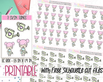 May include: Sheet of printable planner stickers featuring a girl with pink hair and a watering can with a heart design. Includes stickers with 3 skin tones. The stickers are 1.5 inches by 1.9 inches.