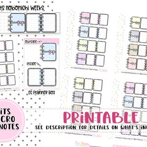 May include: Printable planner stickers with various notebook designs. The stickers are in pastel colors and feature bows. Text includes "Fits Hobonichi Weeks", "EC Planner Box", "Fits Micro HP Notes", and "Printable".