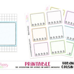 May include: Printable planner stickers with a variety of colorful square designs. Each square has a dotted border and a row of hearts at the bottom. One sticker has hearts on the side. Text includes "Printable" and "Hobonichi Cousin (A5)".